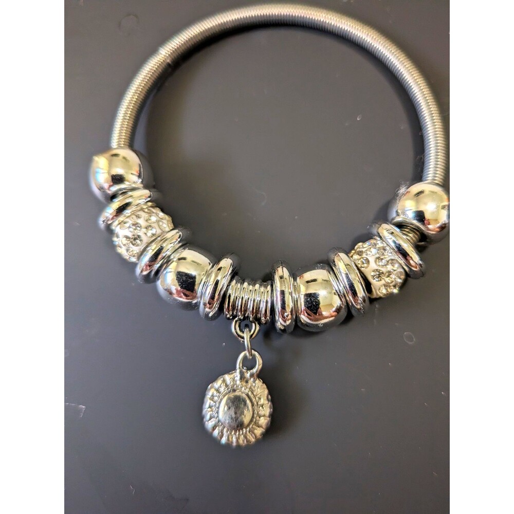 Landau Silver Tone Metal Snake Chain Charm Bangle Bracelet w/ Dangle Charm